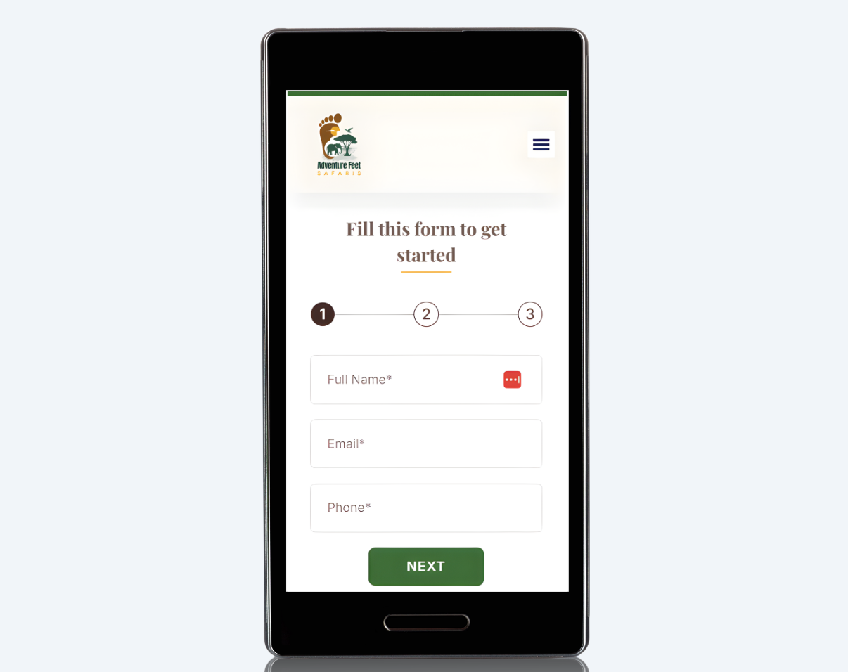A mobile screen showing an inquiry form on adventure feet platform