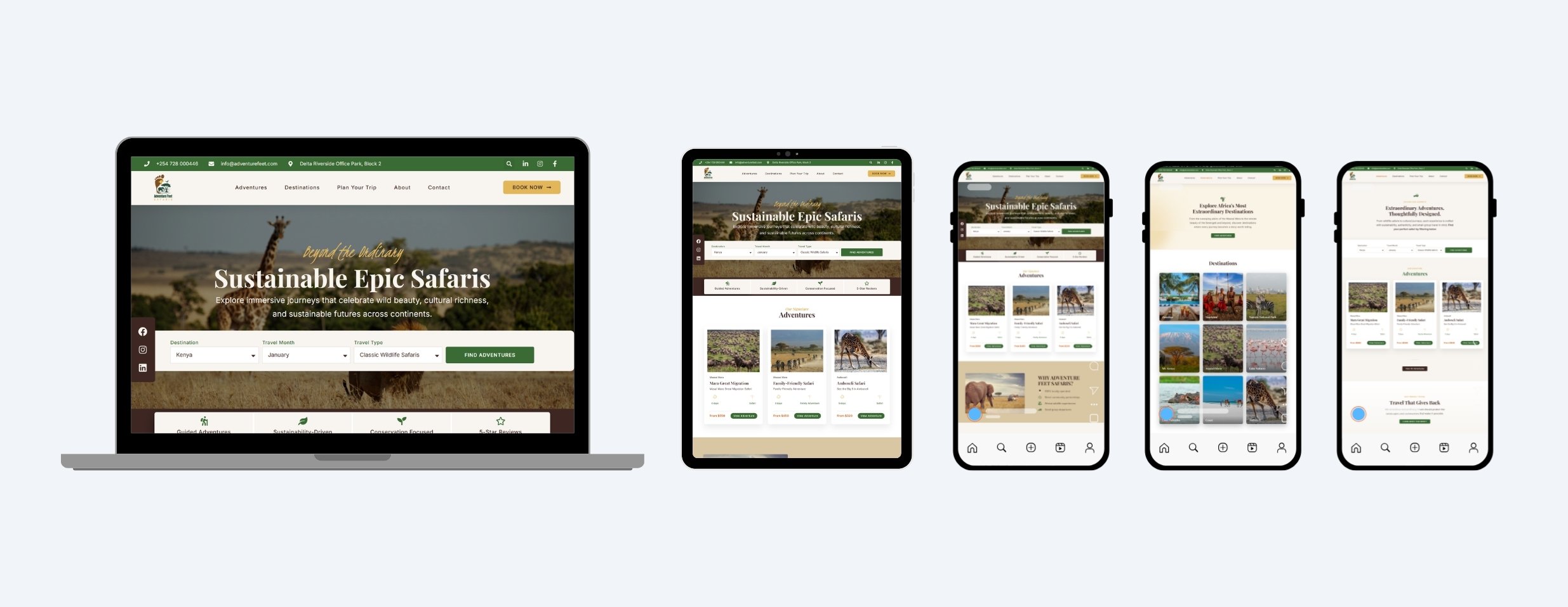 Project priming - Adventure Feet Safaris website on laptop, tablet, and mobile devices
